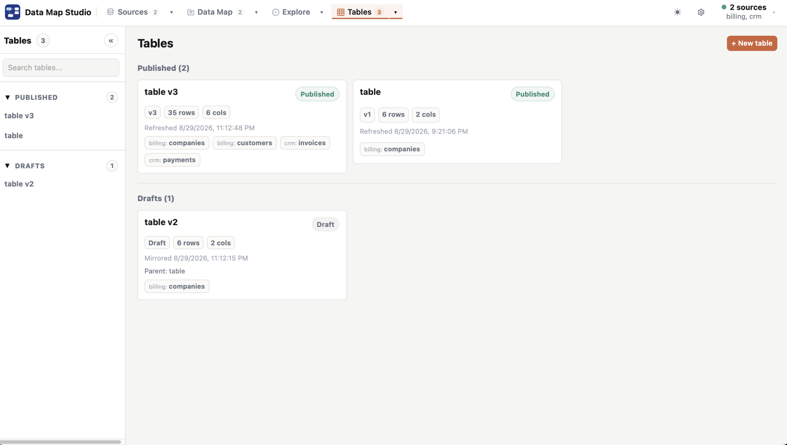 Saved queryable table cards in Data Map Studio.